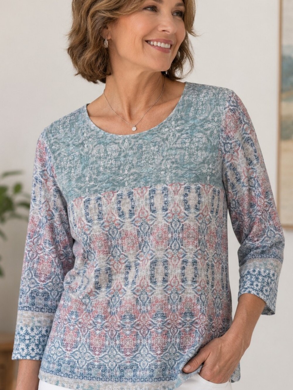Title:Coldwater Creek Petite Large Burnout Medallion Print Top Blue Pink - Picture 1 of 3